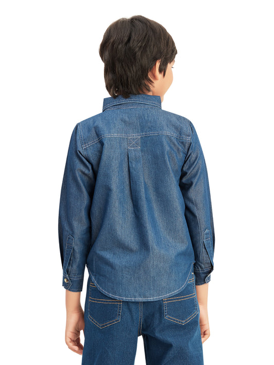 Olele® Boys Full Sleeves Button Down Cotton Light Denim Shirt - Blue