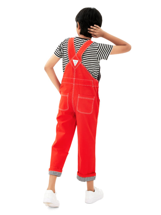 Olele® Boys Cotton Twill Ferrari Red Dungaree with Signature Contrast Hem Fold
