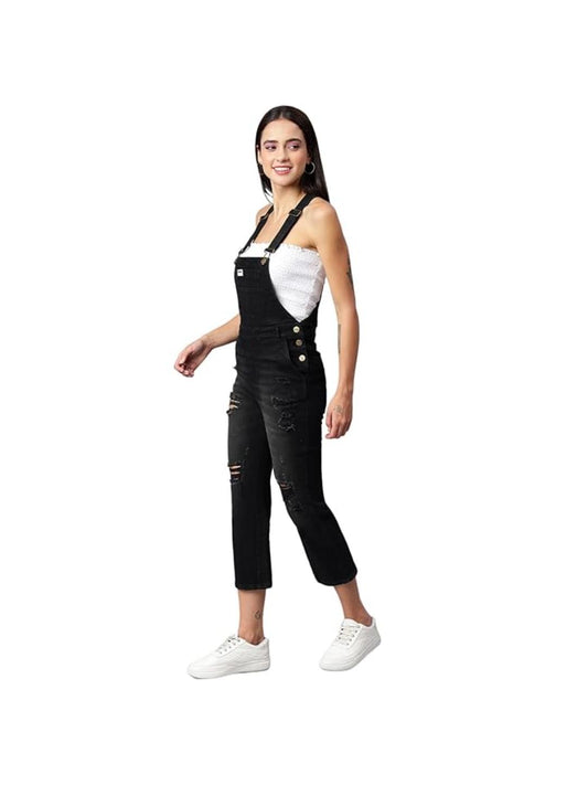 OLELE OVERALLS® Women's Black Denim Dungaree with Destroyed Wash