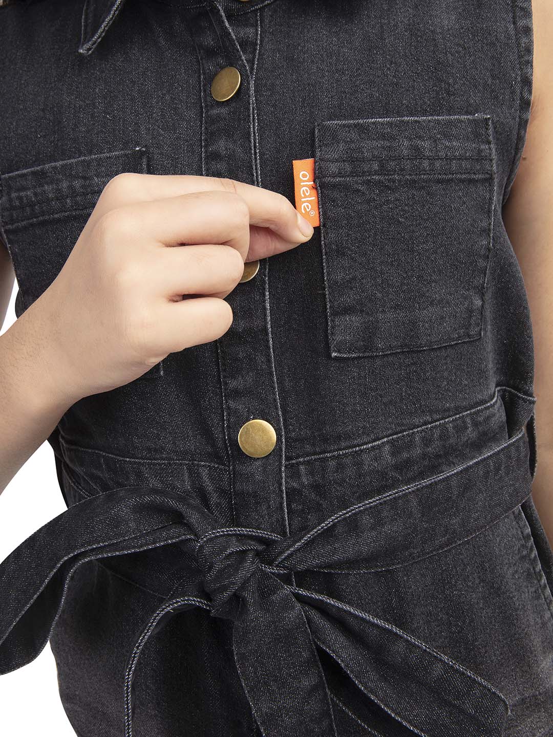 Olele® Girls Black Cotton Denim Romper