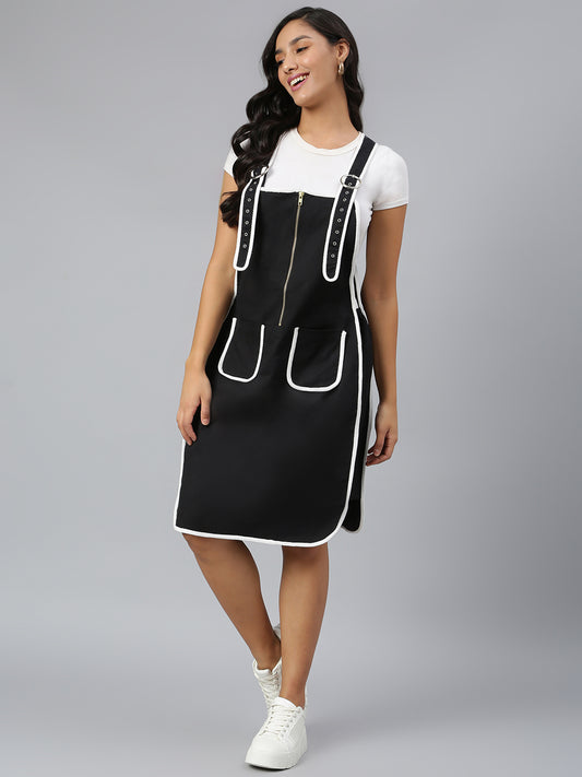 OLELE OVERALLS® Women's Dungaree Dress with Contrast Piping - Ebony Black