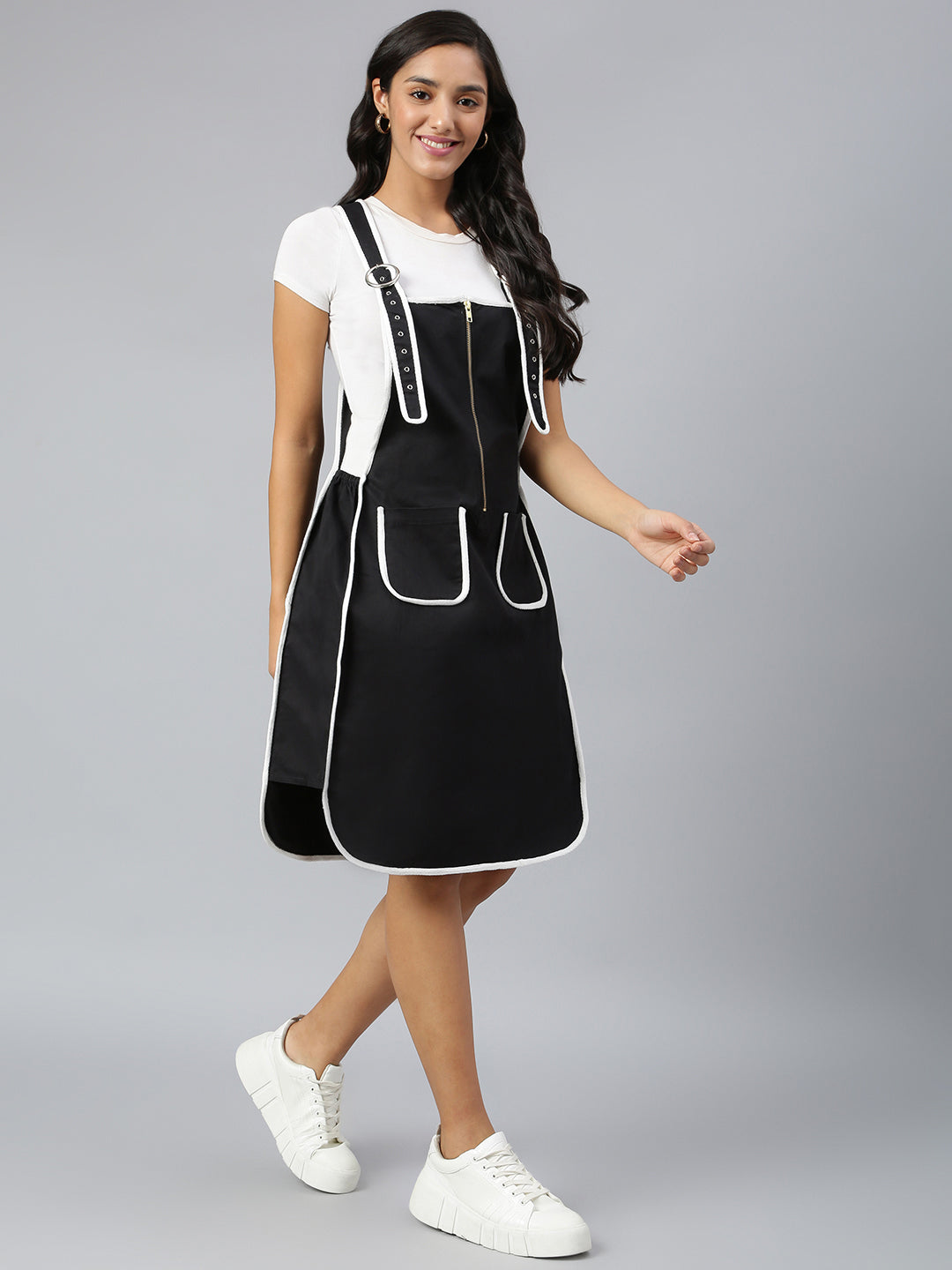 OLELE OVERALLS® Women's Dungaree Dress with Contrast Piping - Ebony Black