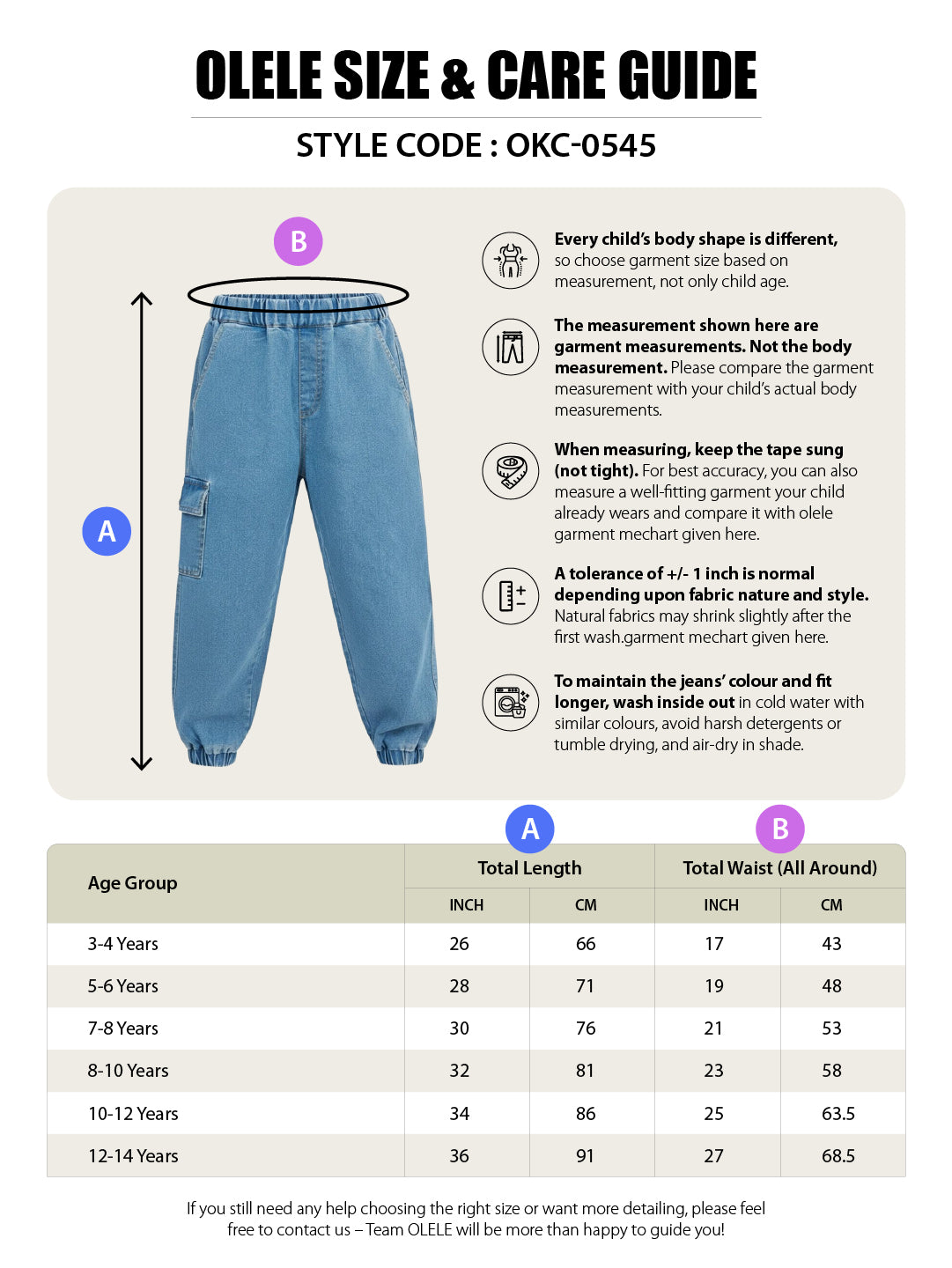 Olele® Girls Jackson Joggers Cotton Denim Jeans (Elasticated Waist) - Indigo Blue