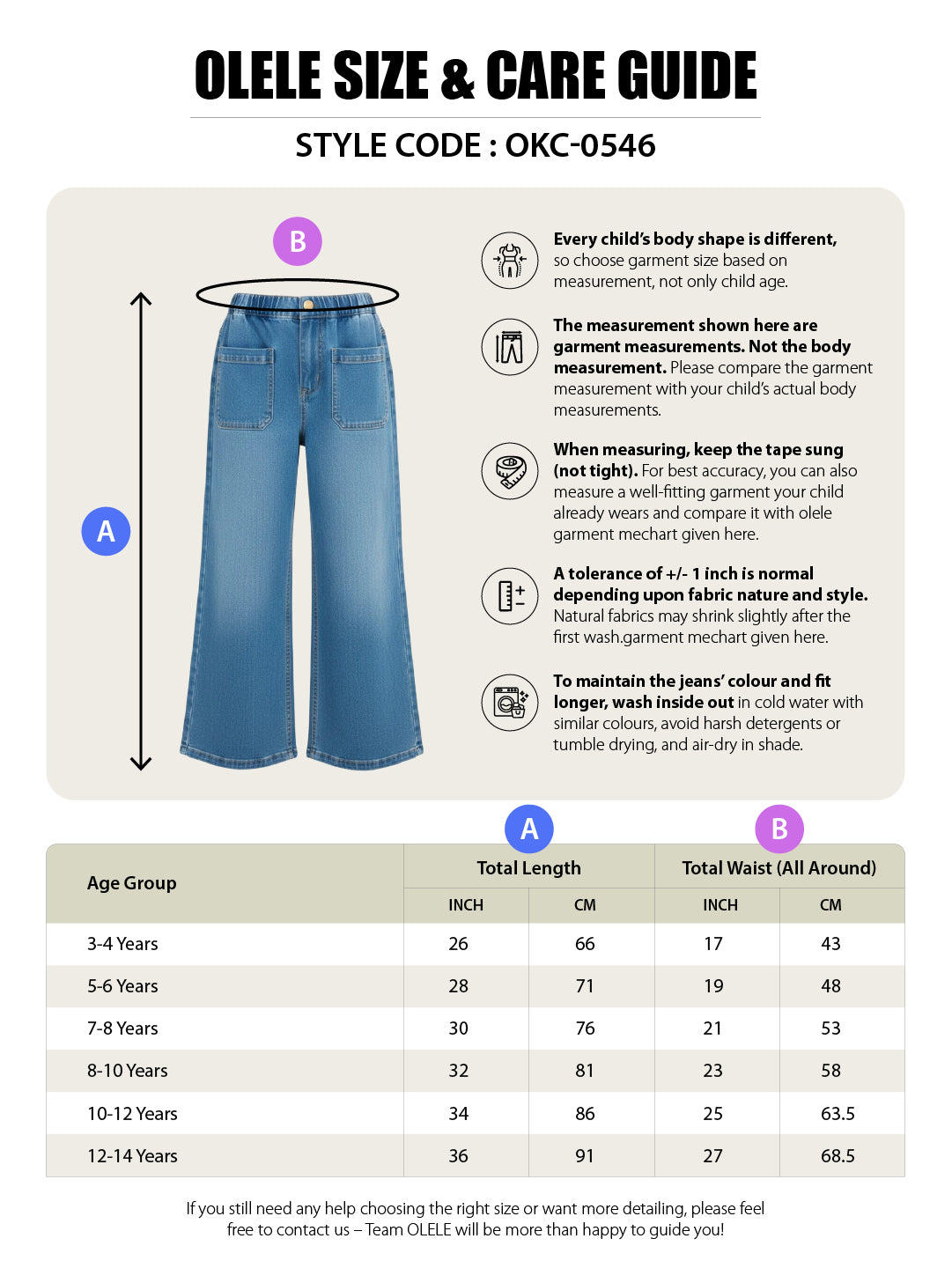 Olele® Girls Windsor Wide Leg Cotton Denim Jeans Regular Fit Stretchable (Elasticated Waist) - Indigo Blue
