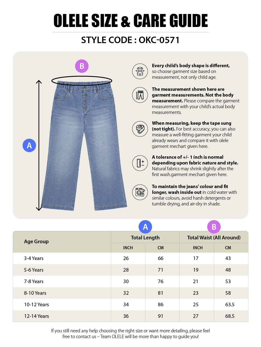 Olele® Boot Cut Button Fly Jeans Pant for Girls - Cotton Denim