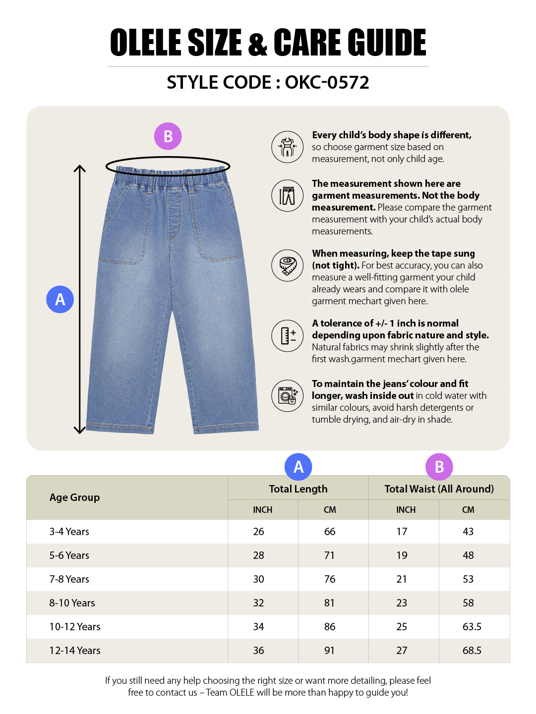 Olele® Girls Pull On Jeans Pant - Cotton Denim
