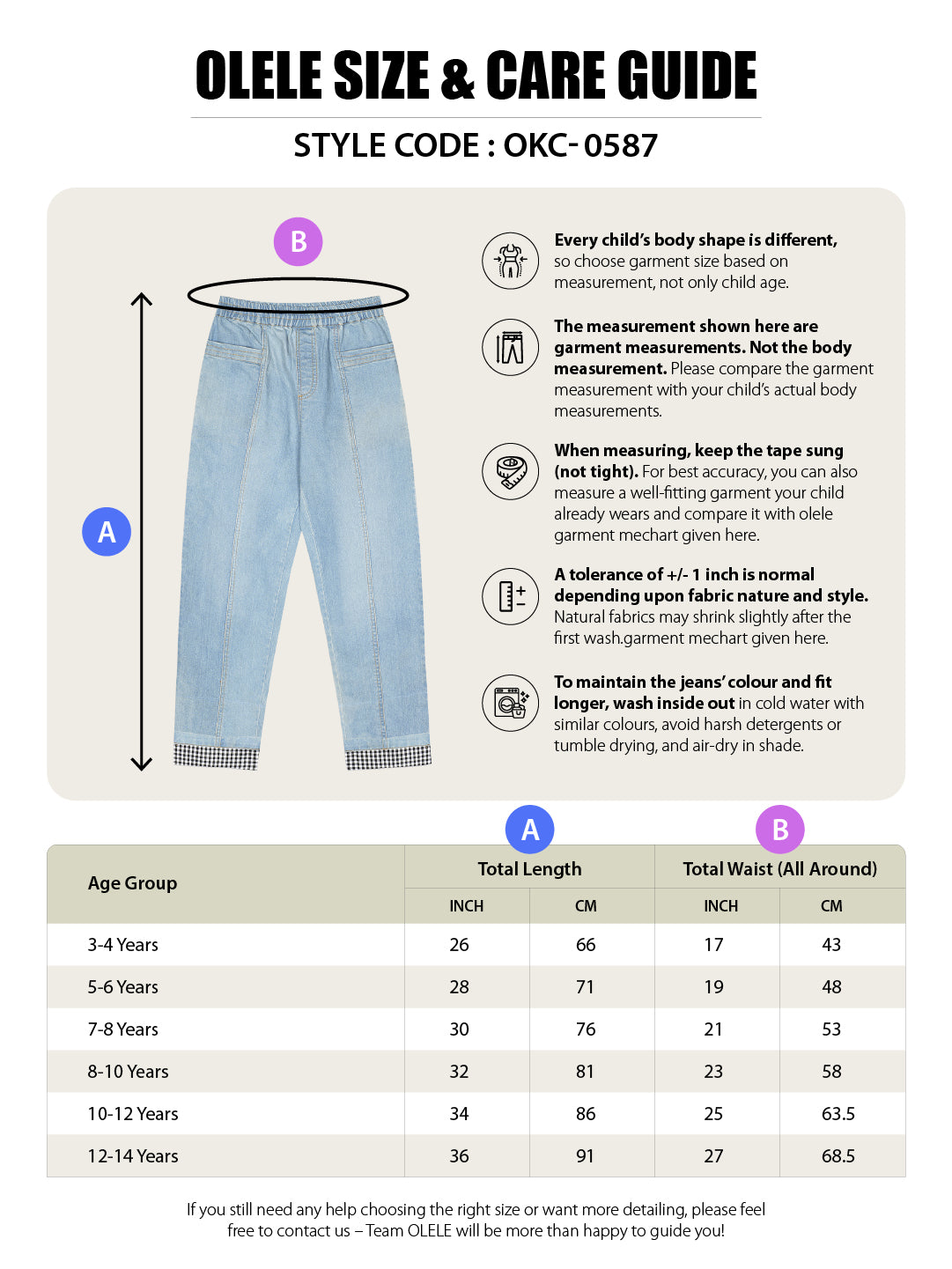 Olele® Boys Cotton Denim Pull On Hem Fold Jeans - Light Blue