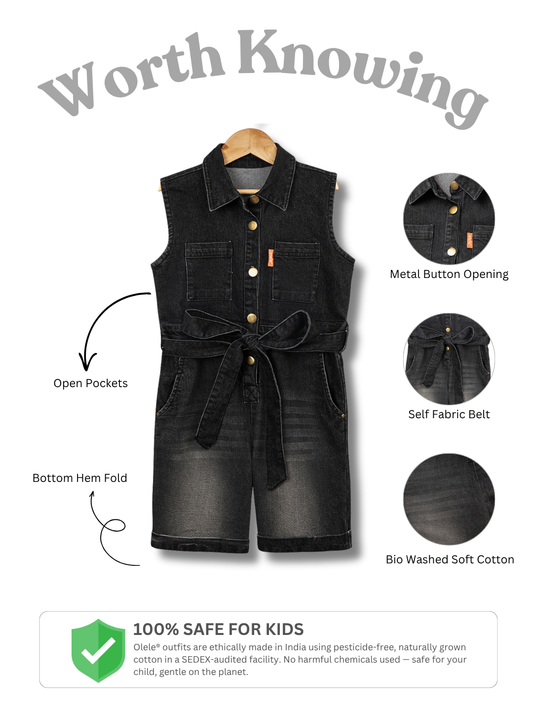 Olele® Girls Black Cotton Denim Romper