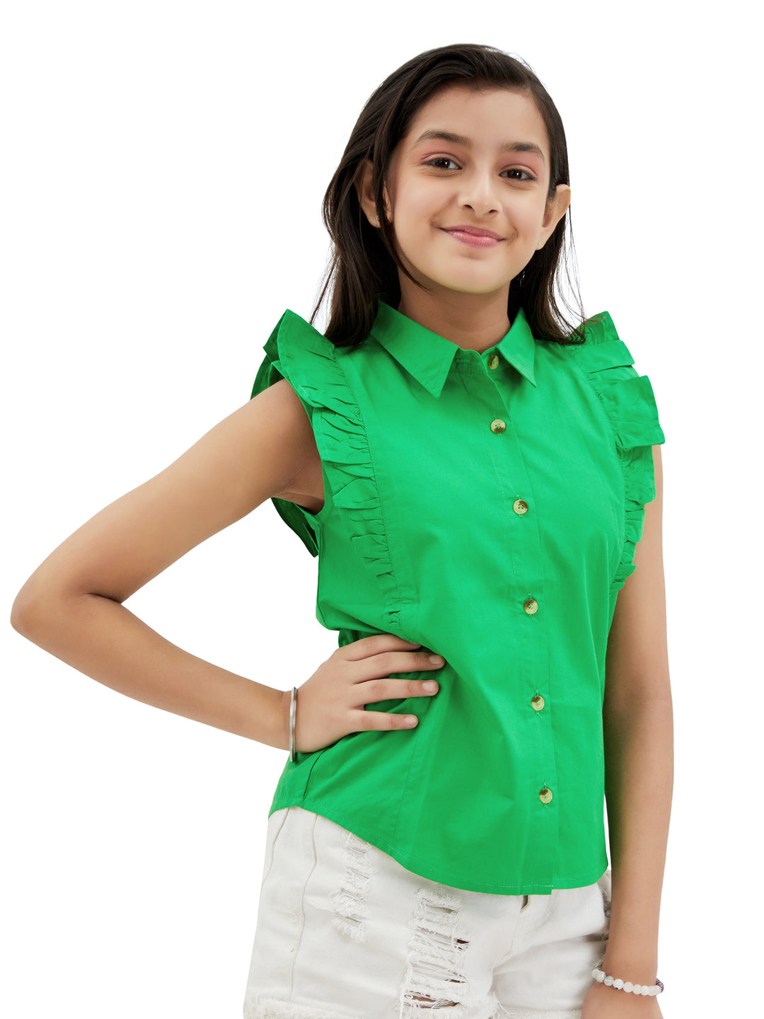 Olele® Girls Regina Ruffle Sleeveless Cotton Shirt - Forest Green