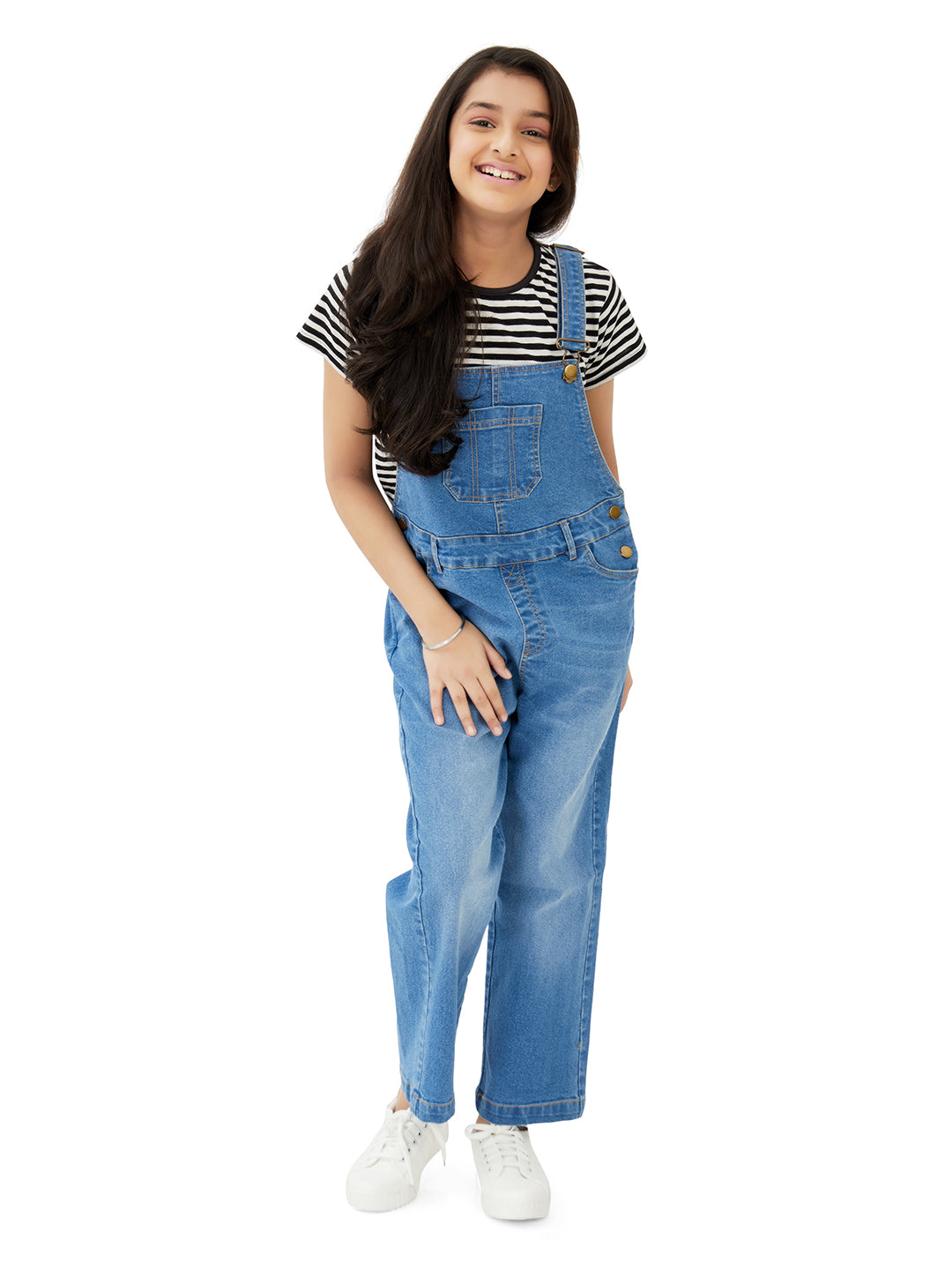 Olele® Girls Full Length Vanilla Denim Dungaree for 4 to 14 Years Kid