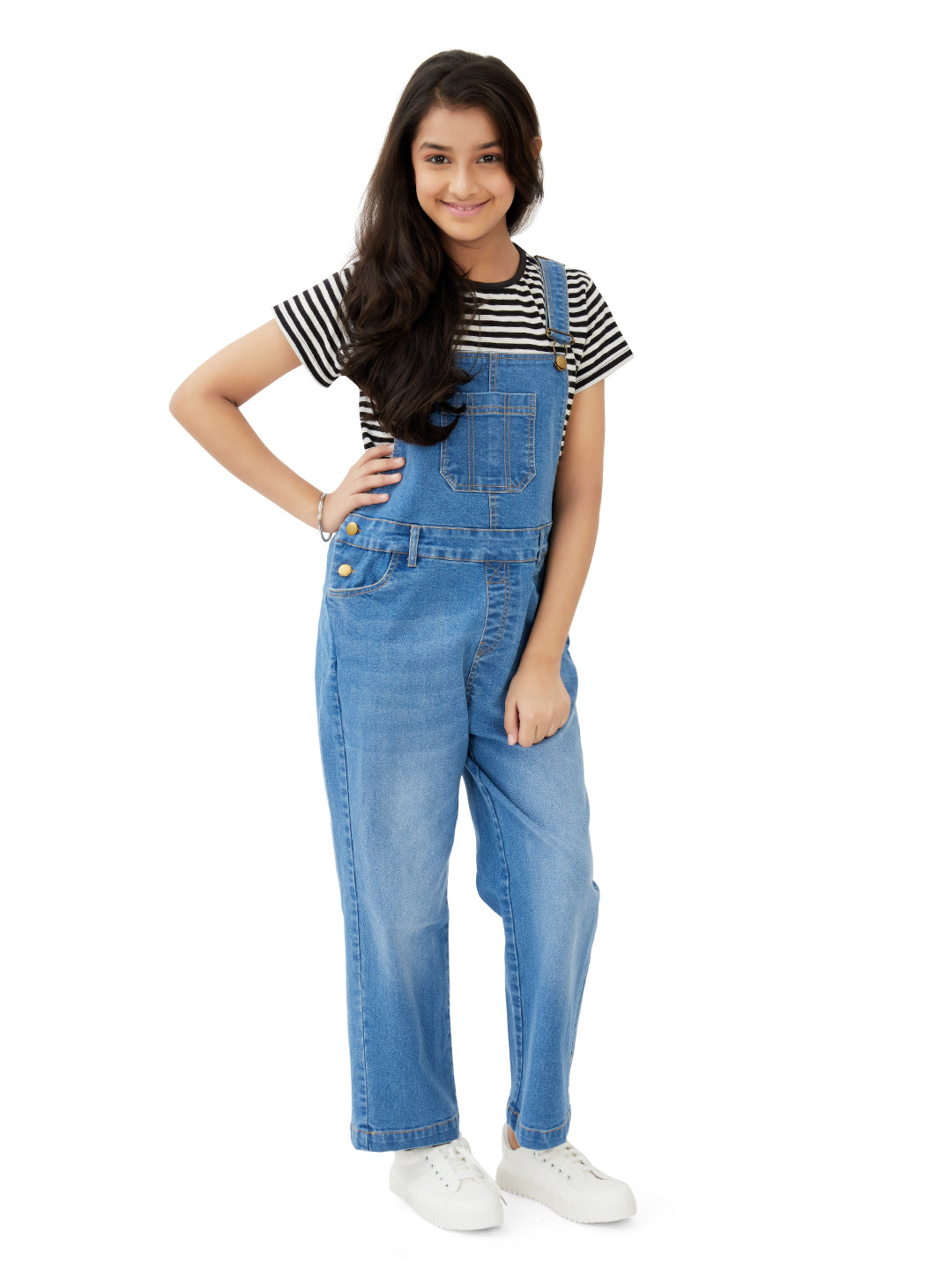 Olele® Girls Full Length Vanilla Denim Dungaree for 4 to 14 Years Kid