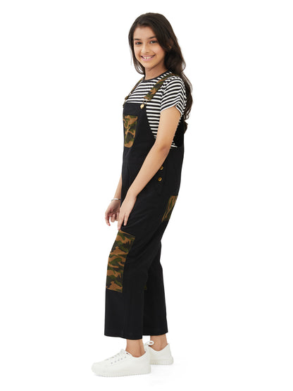 Olele® Girls Labra Cotton Twill Dungaree - Black and Camouflage