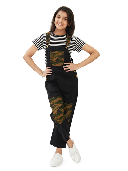 Olele® Girls Labra Cotton Twill Dungaree - Black and Camouflage