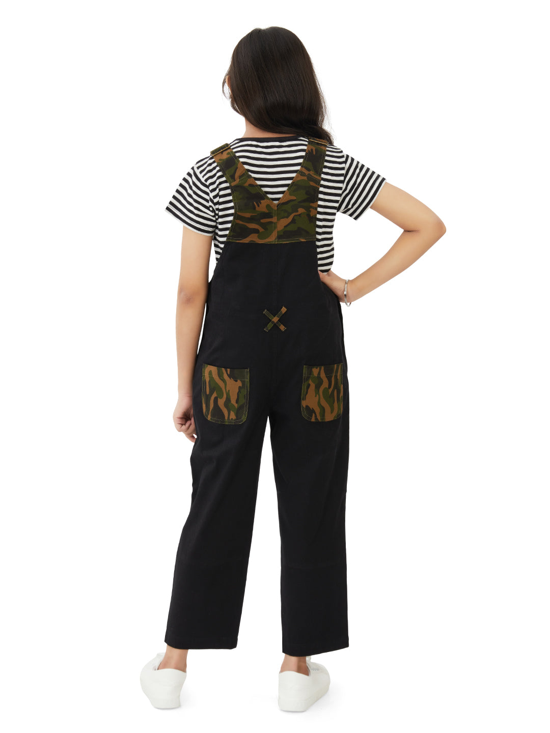 Olele® Girls Labra Cotton Twill Dungaree - Black and Camouflage
