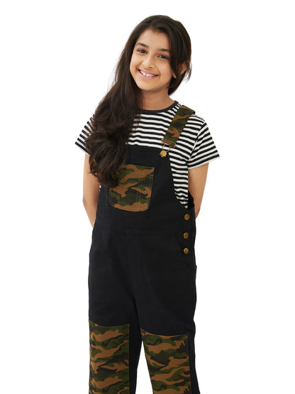 Olele® Girls Labra Cotton Twill Dungaree - Black and Camouflage