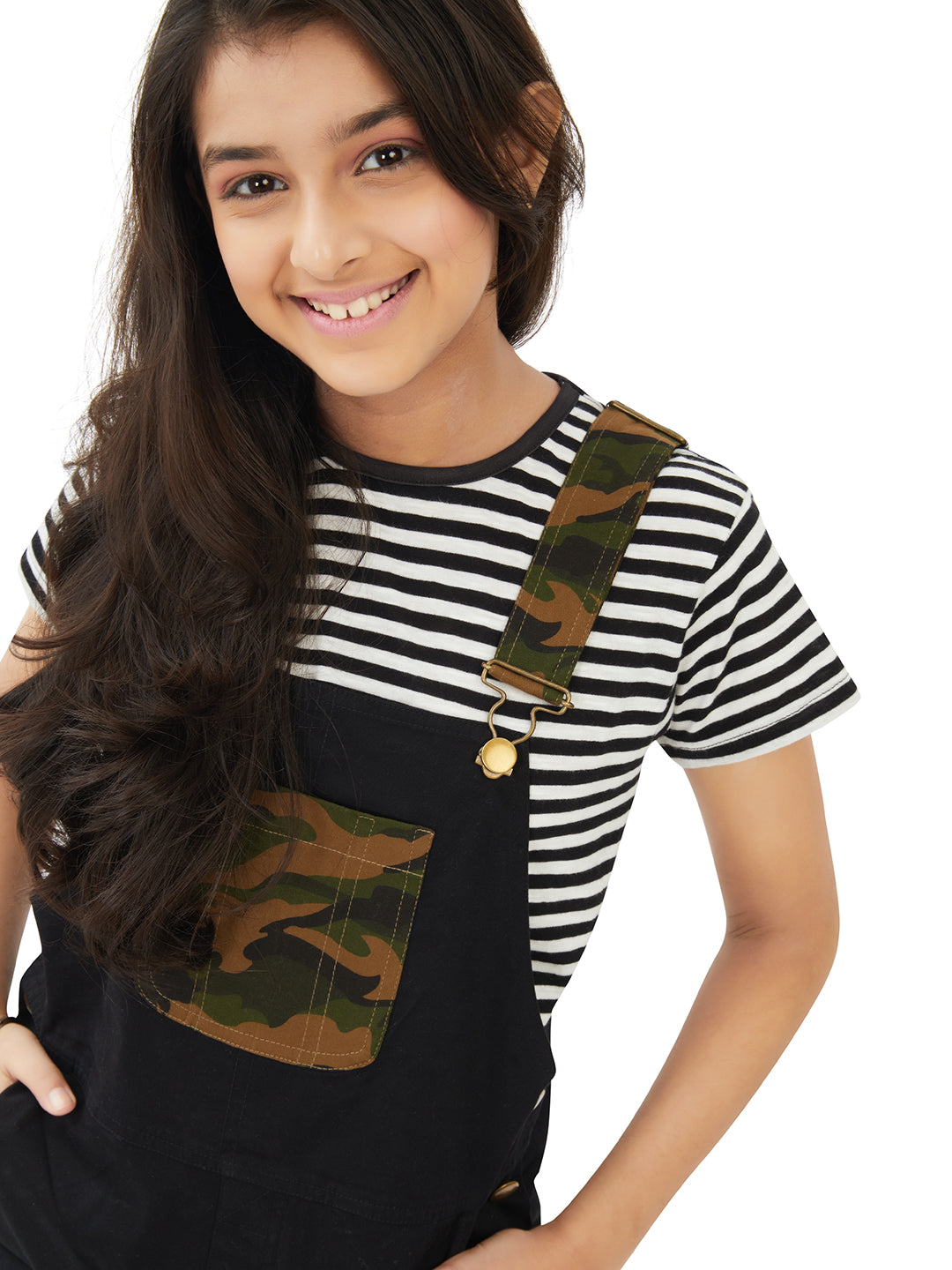 Olele® Girls Labra Cotton Twill Dungaree - Black and Camouflage