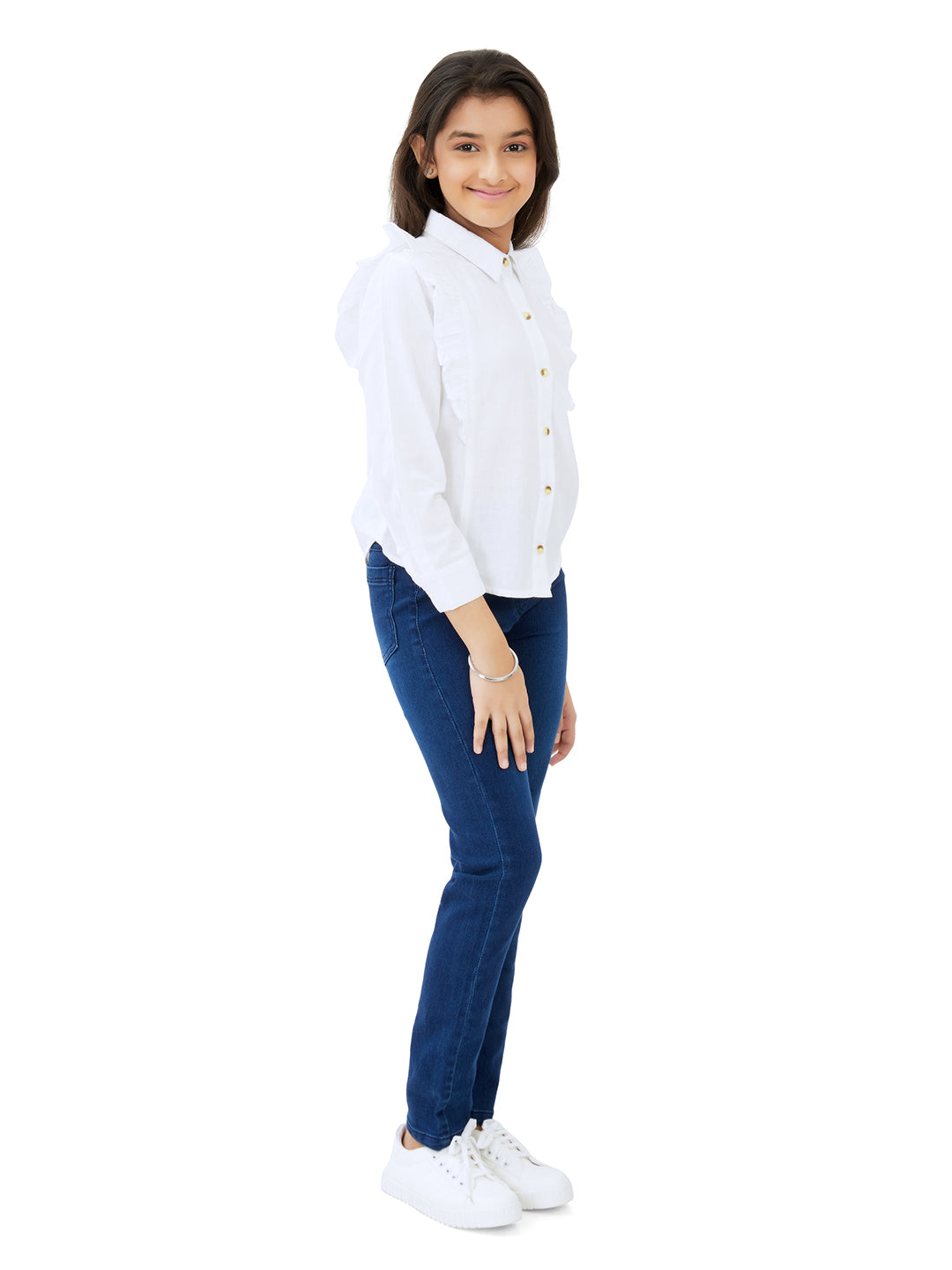 Olele® Girls Regina Full Sleeves Ruffle Shirt - Bright White Cotton