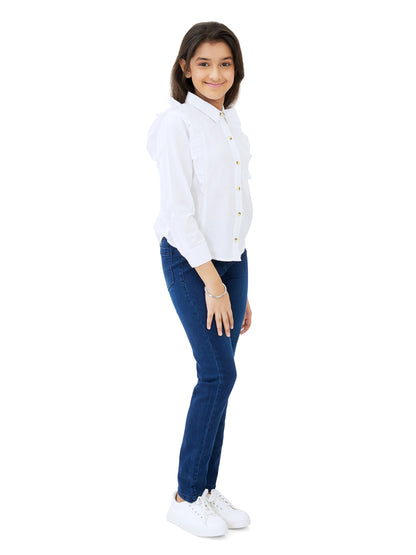 Olele® Girls Regina Full Sleeves Ruffle Shirt - Bright White Cotton