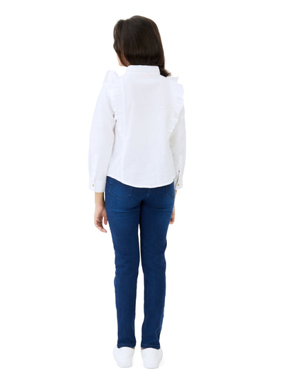 Olele® Girls Regina Full Sleeves Ruffle Shirt - Bright White Cotton