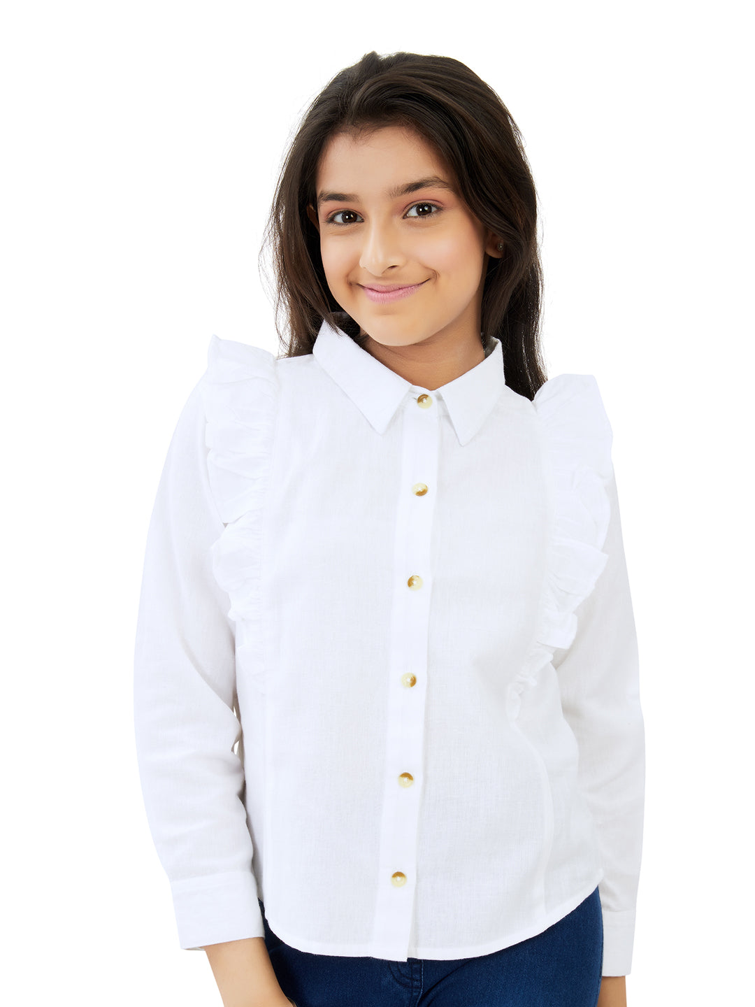 Olele® Girls Regina Full Sleeves Ruffle Shirt - Bright White Cotton