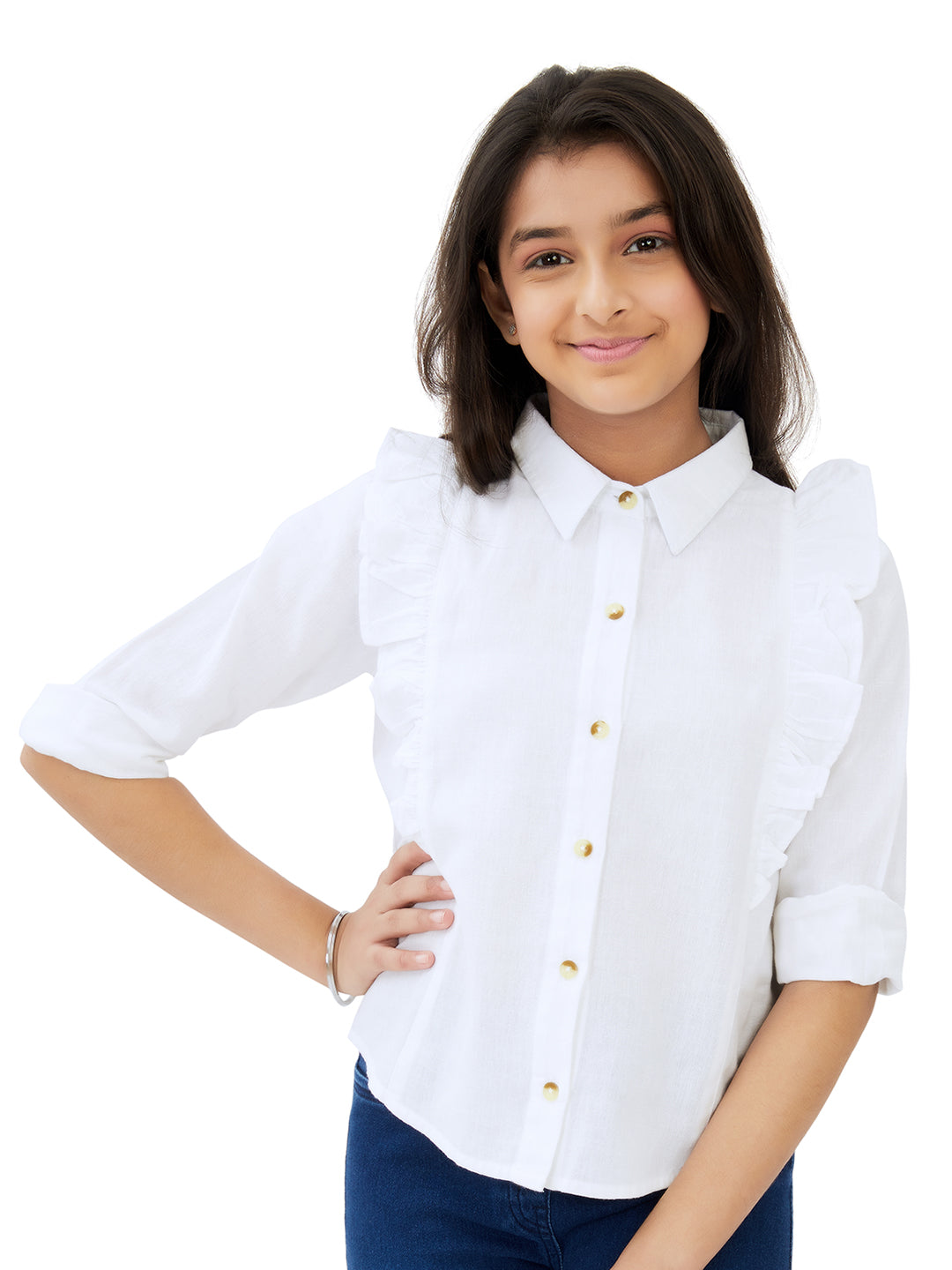 Olele® Girls Regina Full Sleeves Ruffle Shirt - Bright White Cotton