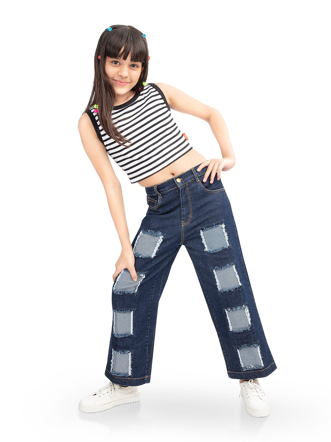 Olele® Girls Patch Work Cotton Denim Jeans
