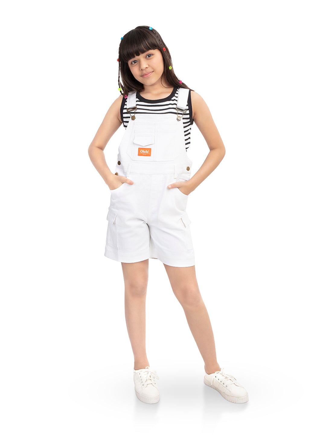 Olele® Girls White Cotton Denim Romper Dungaree