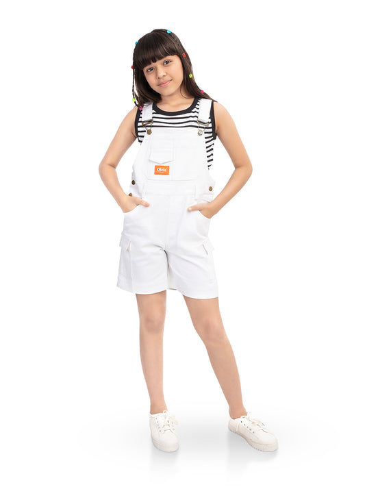 Olele® Girls White Cotton Denim Romper Dungaree