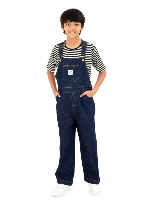 Front View of Boys Full Length Raw Cotton Denim Vanilla Dungaree