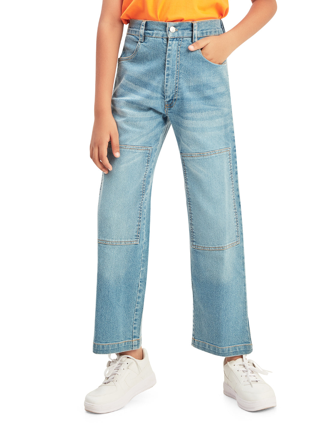 Olele® Boys Cotton Denim Patch Work Regular Fit Jeans Pant - Light Blue