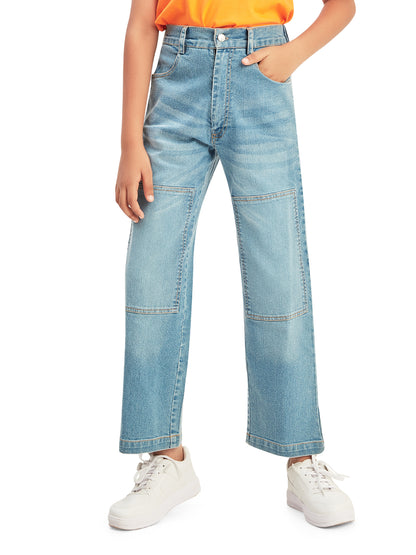 Olele® Boys Cotton Denim Patch Work Regular Fit Jeans Pant - Light Blue