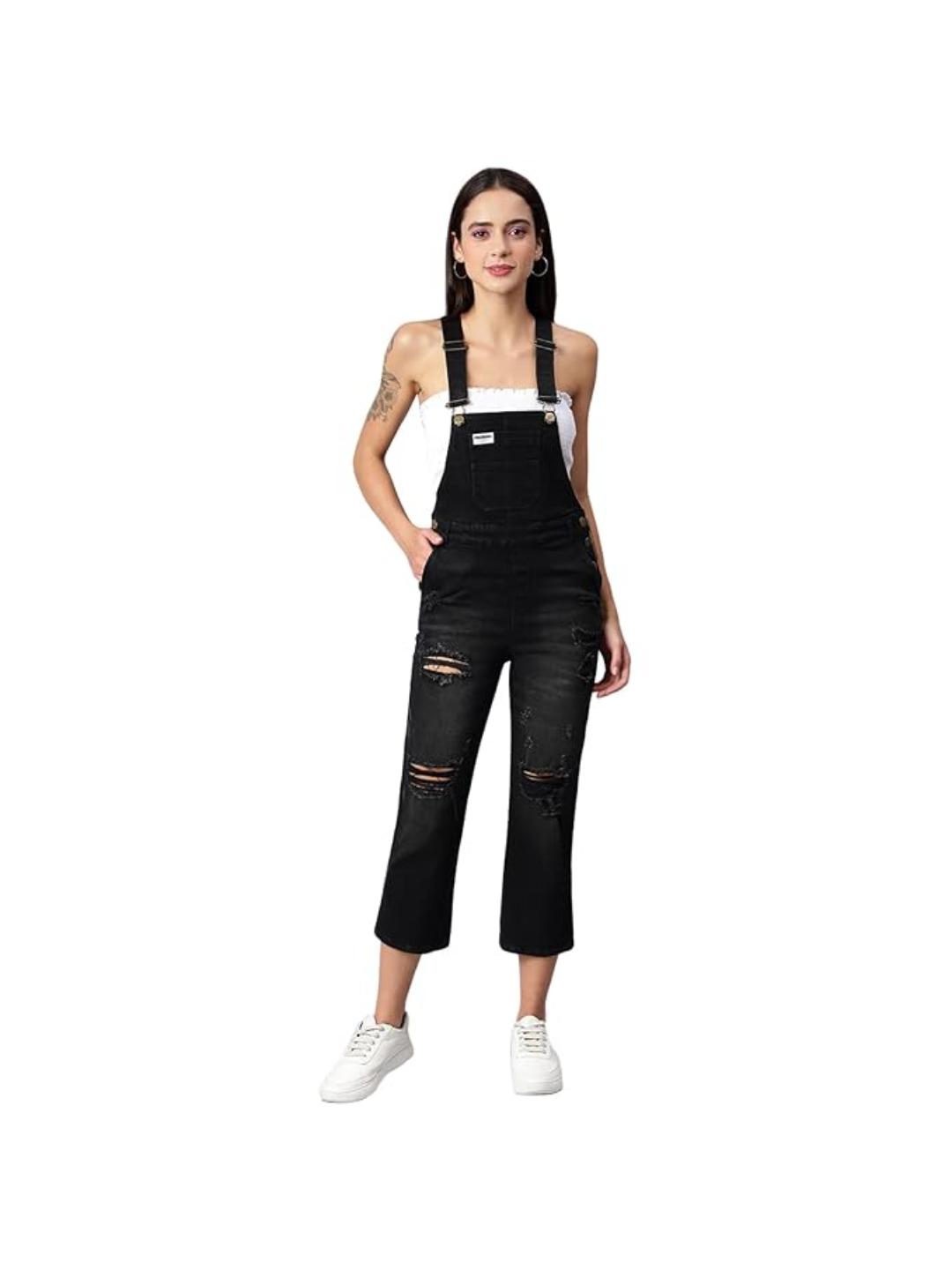 OLELE OVERALLS® Women's Black Denim Dungaree with Destroyed Wash