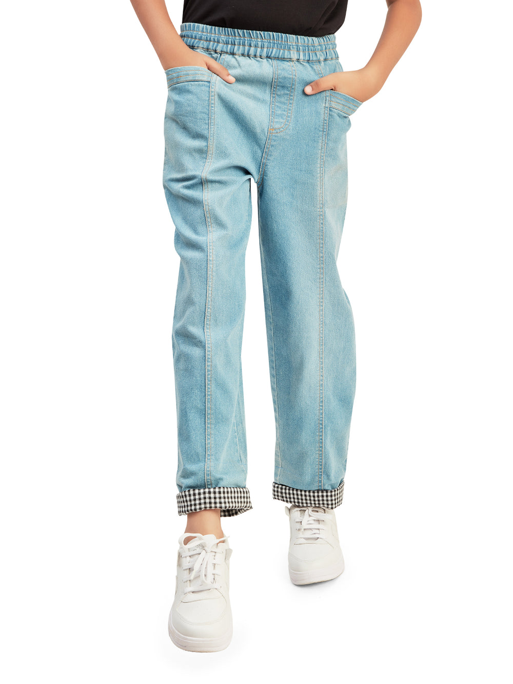 Olele® Boys Cotton Denim Pull On Hem Fold Jeans - Light Blue