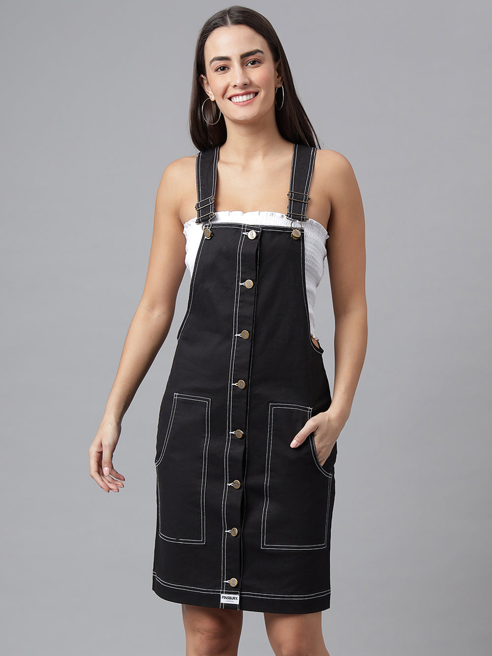 OLELE OVERALLS® Women's Dungaree Dress with Contrast Stitches - Ebony Black