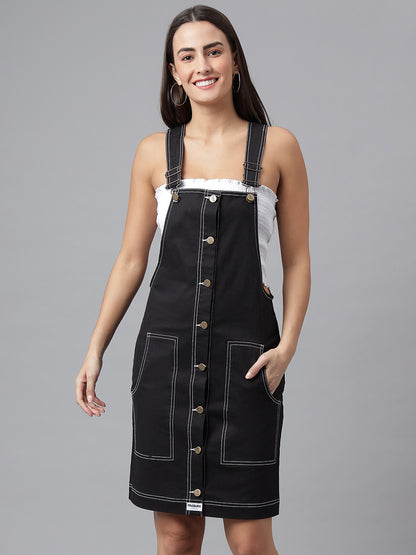 OLELE OVERALLS® Women's Dungaree Dress with Contrast Stitches - Ebony Black