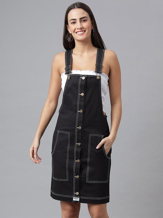OLELE OVERALLS® Women's Dungaree Dress with Contrast Stitches - Ebony Black