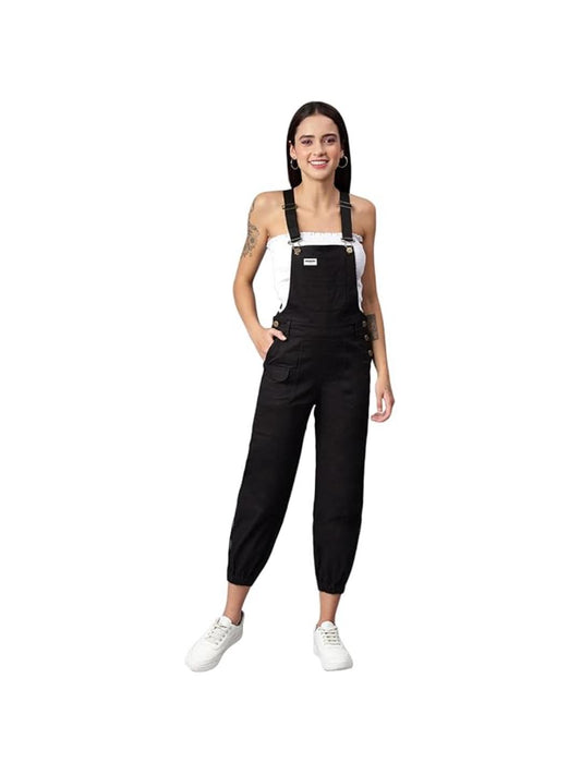 OLELE OVERALLS® Women's Cotton Twill Dungaree with Side Leg Brand Tape - Ebony Black