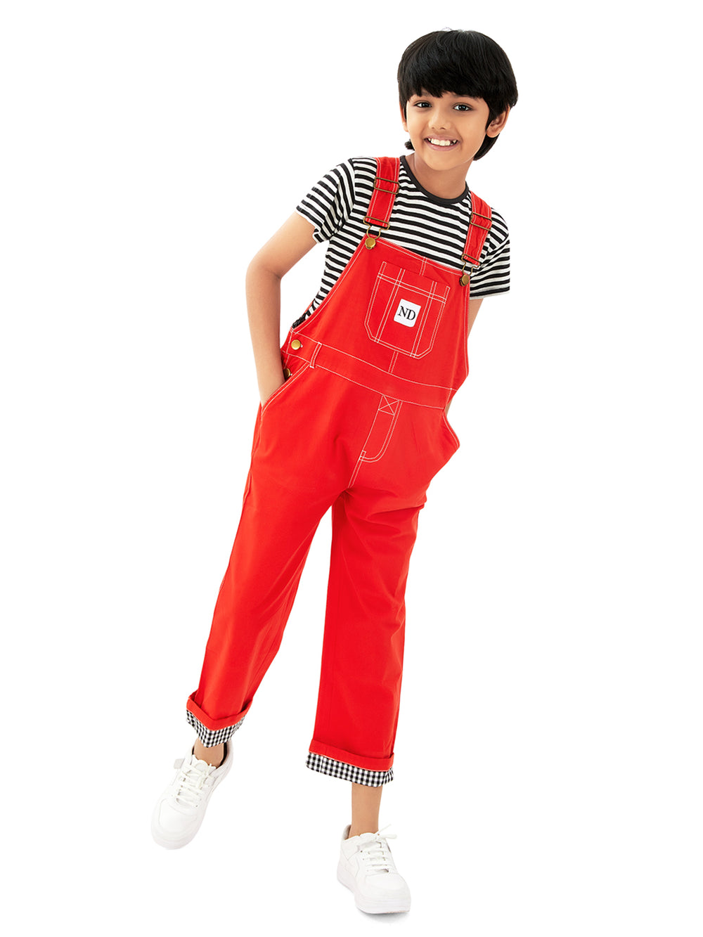 Olele® Boys Cotton Twill Ferrari Red Dungaree with Signature Contrast Hem Fold