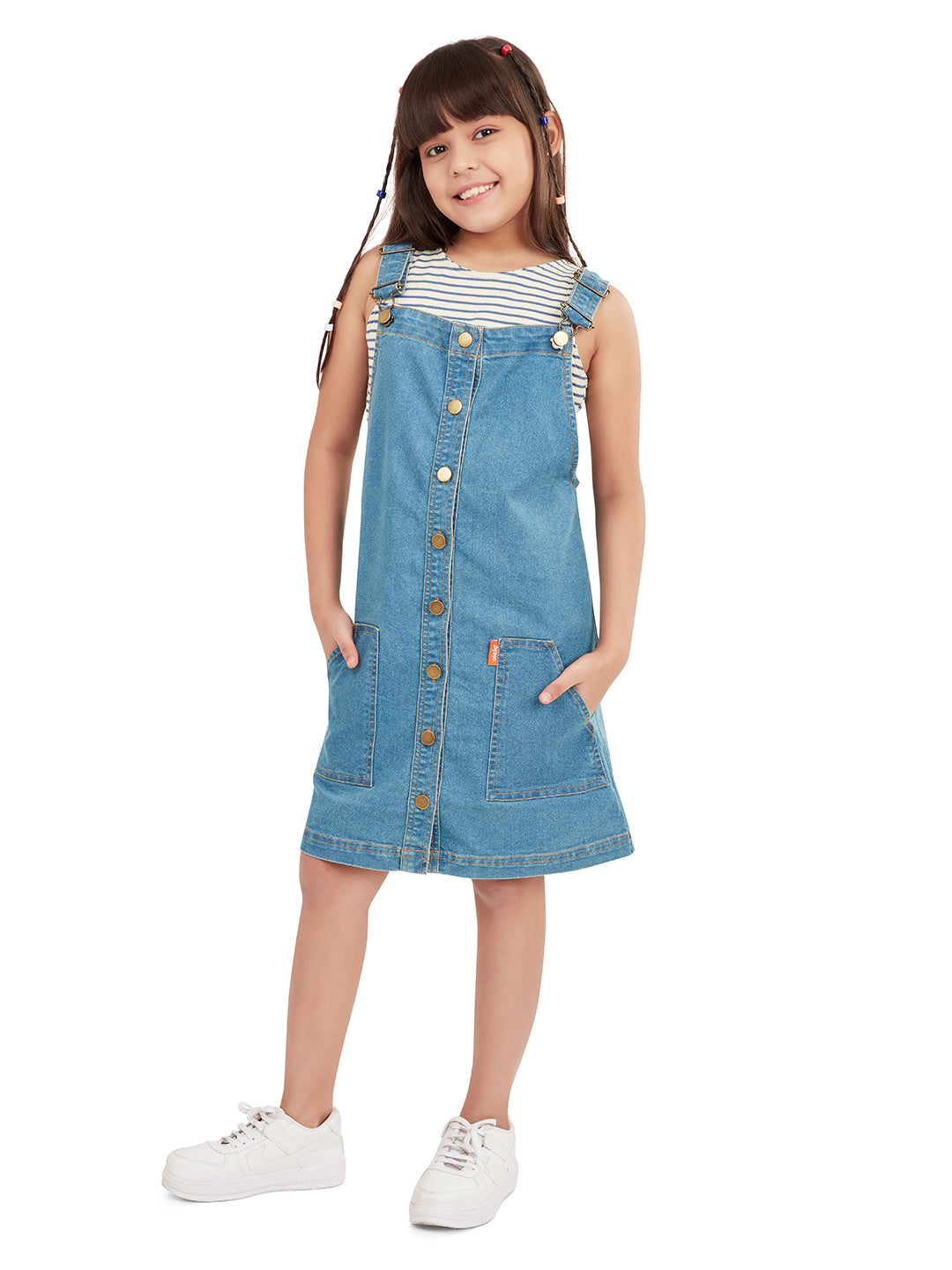 Olele® Girls Vanilla Cotton Denim Dungaree Dress - Blue