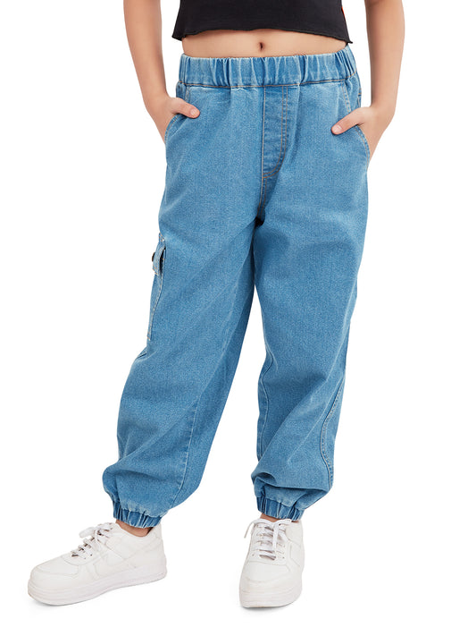 Olele® Girls Jackson Joggers Cotton Denim Jeans (Elasticated Waist)  - Indigo Blue