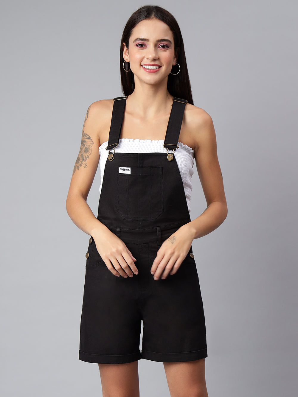 OLELE OVERALLS® Women's Cotton Twill Dungaree Playsuit - Ebony Black