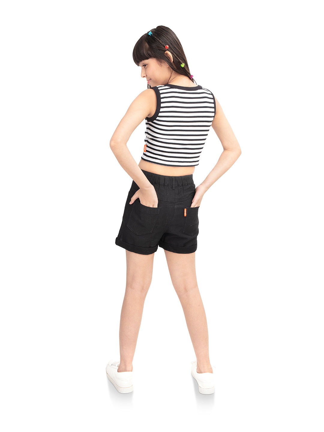 Back View of Olele® Girls Ebony Black Cotton Denim Shorts