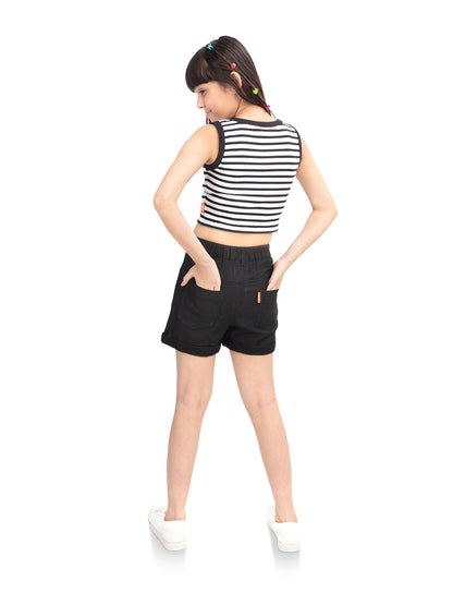 Back View of Olele® Girls Ebony Black Cotton Denim Shorts