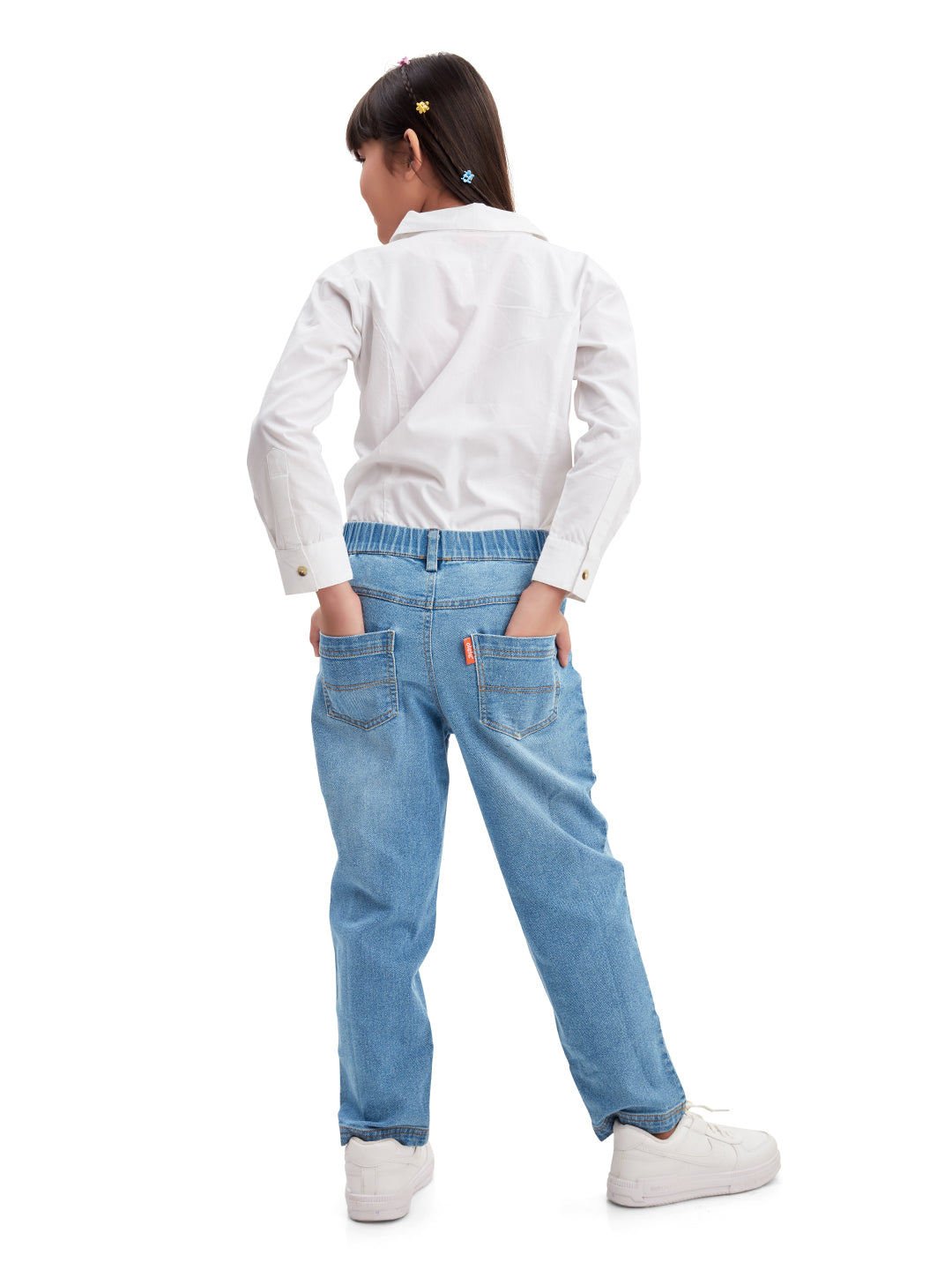 Back View of Olele® Girls Regular Fit Stretchable Distressed Wash Vanilla Jeans Pant - Cotton Denim