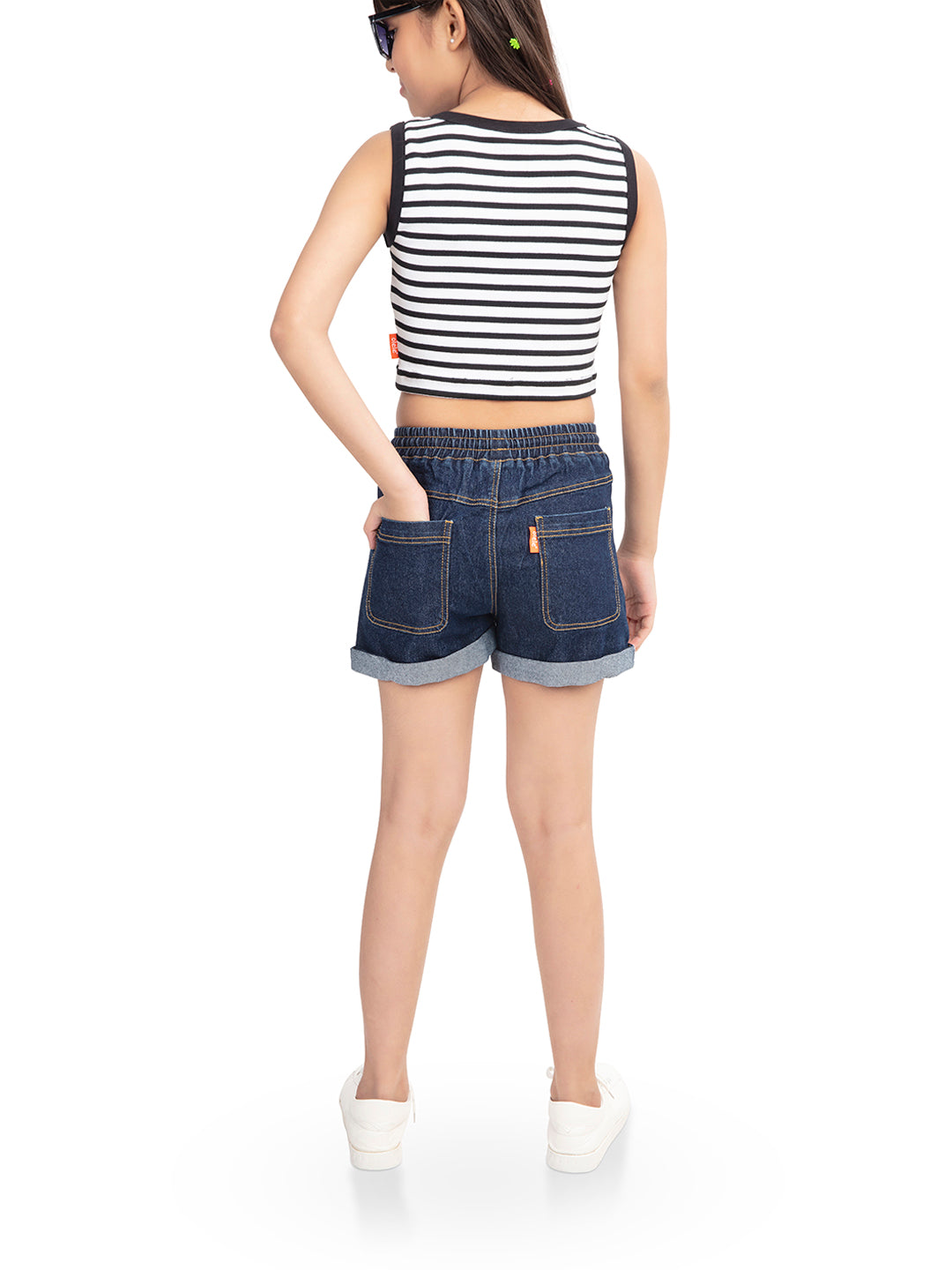 Olele® Girls All Round Elasticated Cotton Denim Shorts with White Drawstring