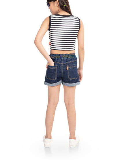 Olele® Girls All Round Elasticated Cotton Denim Shorts with White Drawstring