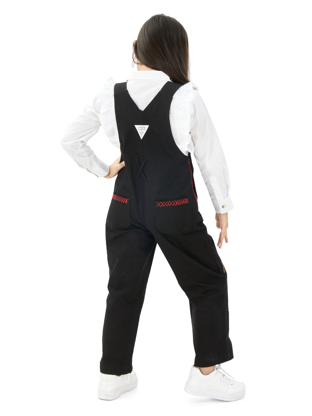 Olele®  Full Length BTS Black Patch Work Cotton Dungaree - Girls