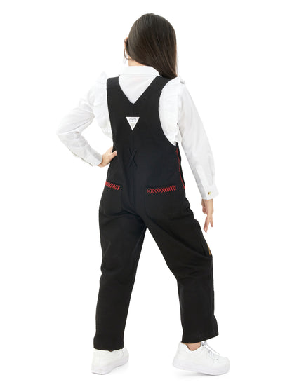 Olele®  Full Length BTS Black Patch Work Cotton Dungaree - Girls