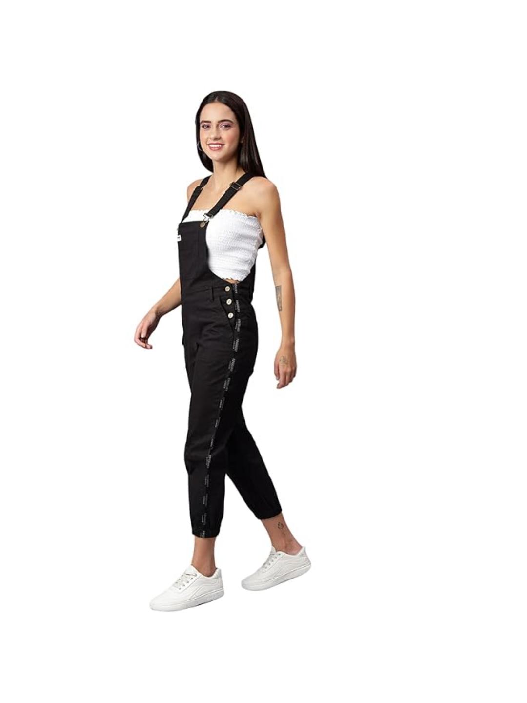 OLELE OVERALLS® Women's Cotton Twill Dungaree with Side Leg Brand Tape - Ebony Black
