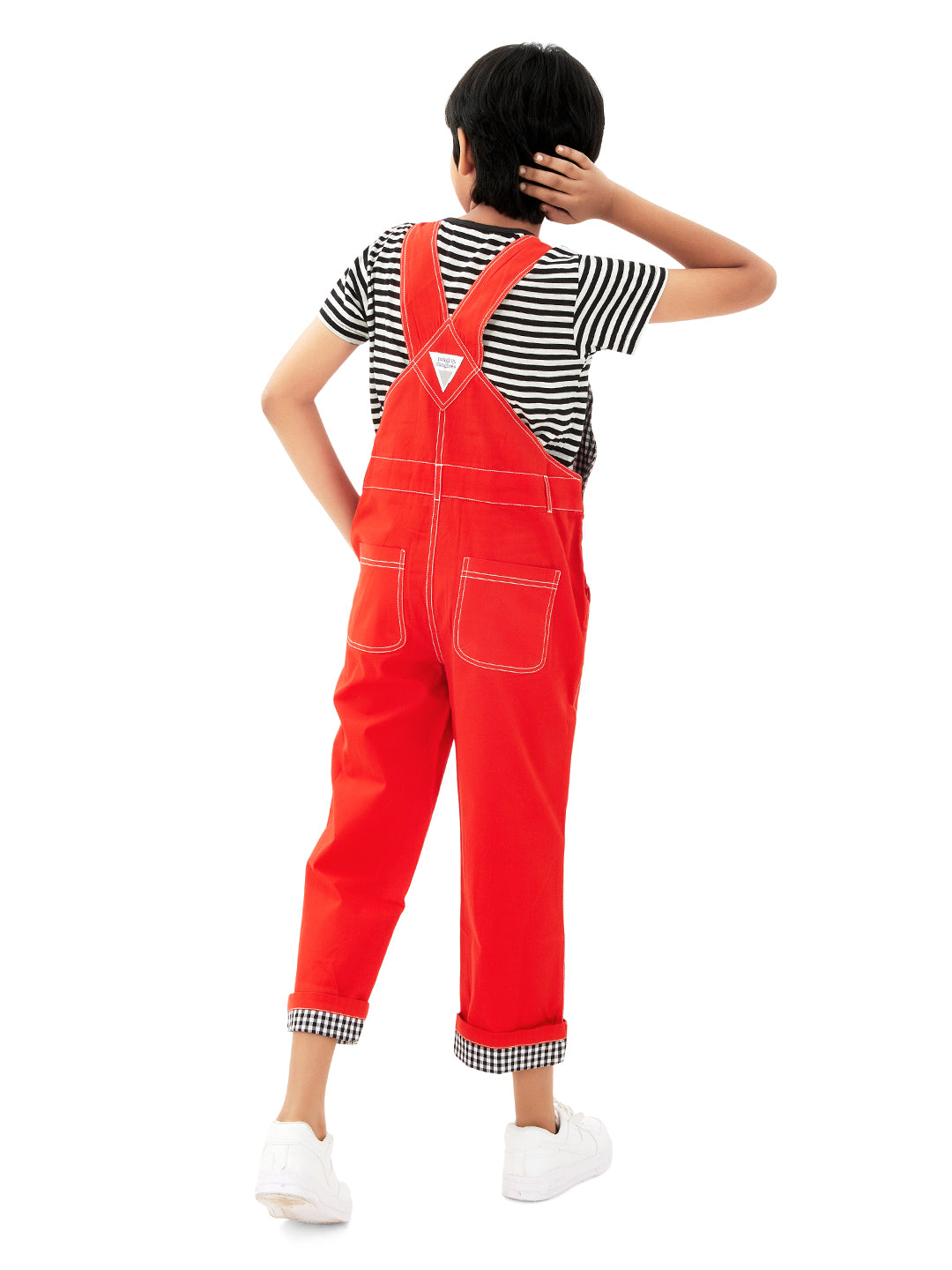 Olele® Boys Cotton Twill Ferrari Red Dungaree with Signature Contrast Hem Fold